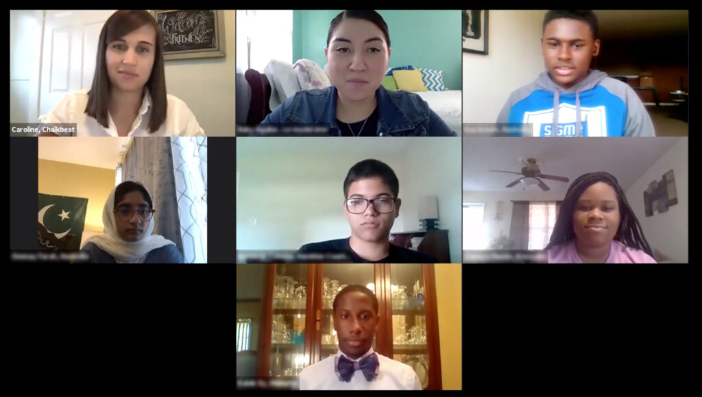 A screenshot of a Zoom room with Caroline Bauman of Chalkbeat and 6 student participants.